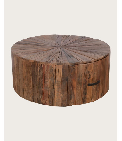 Mandala - Runder Couchtisch aus massivem Mangoholz mit Schublade