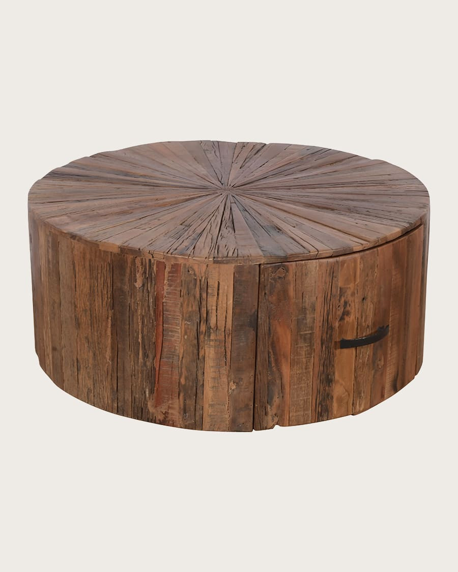Mandala - Table basse ronde en bois de manguier massif avec tiroir
