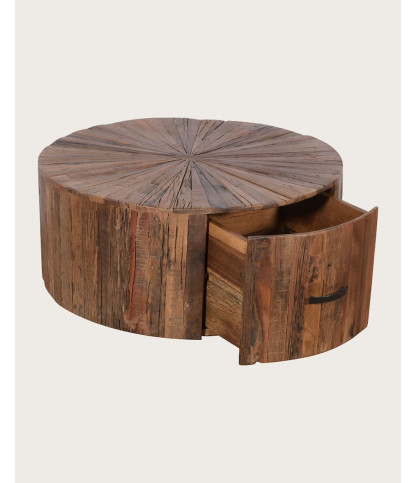 Mandala - Table basse ronde en bois de manguier massif avec tiroir