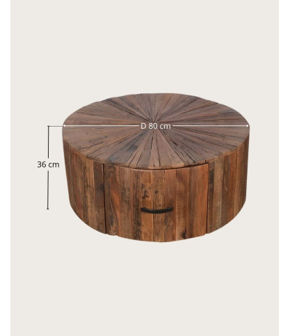 Mandala - Runder Couchtisch aus massivem Mangoholz mit Schublade