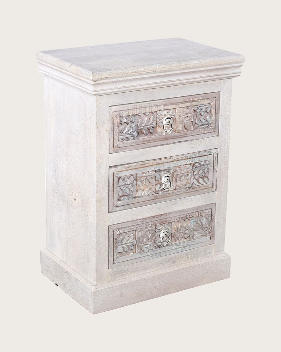 Viva - 3 drawer bedside table in solid carved mango wood