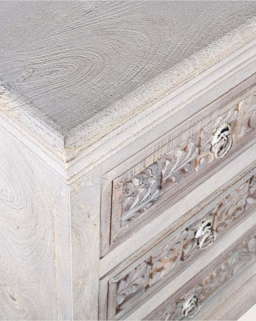 Viva - Comodino a 3 cassetti in legno massello di mango intagliato