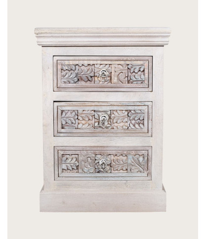 Viva - Table de chevet 3 tiroirs en bois massif de manguier sculpté