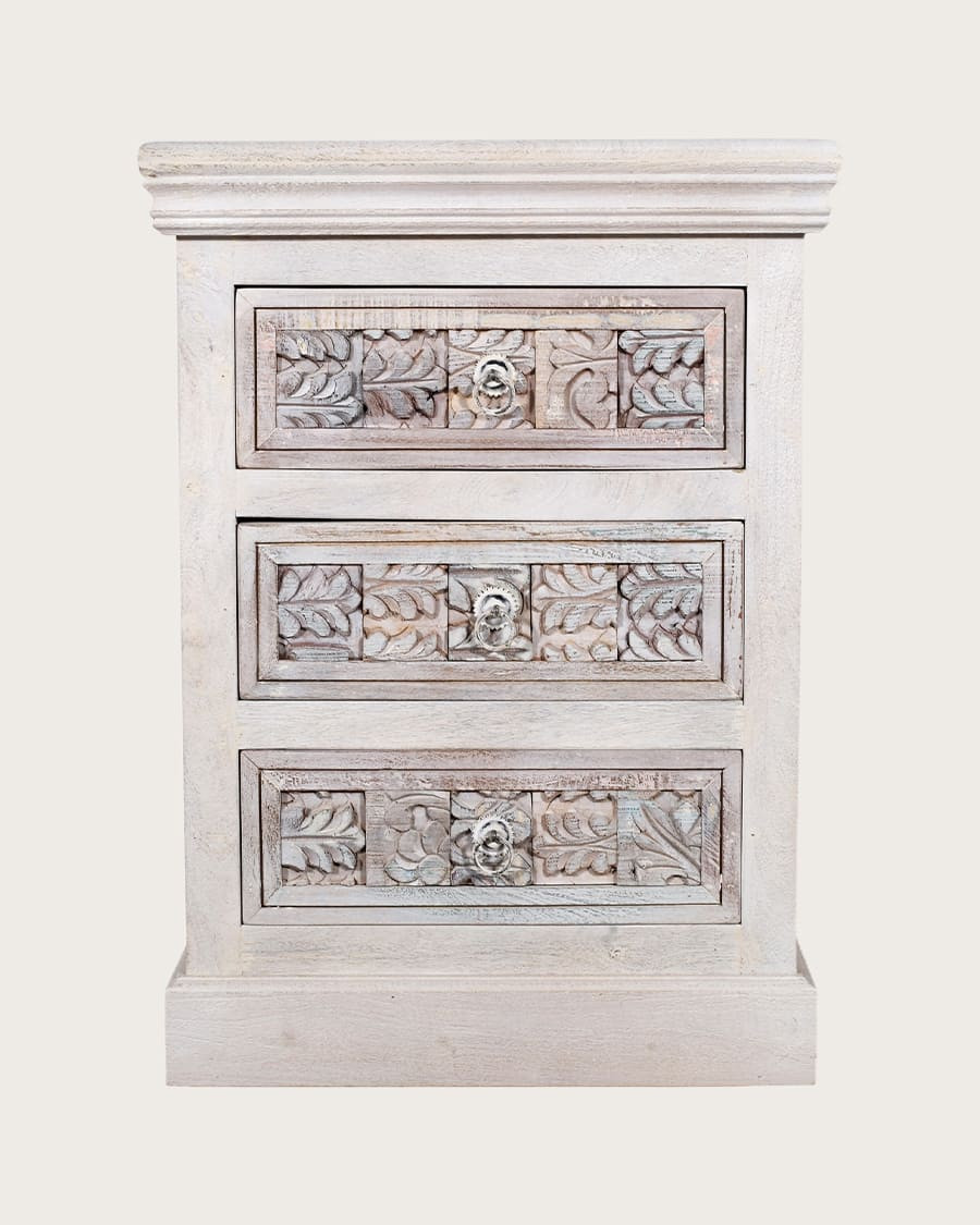 Viva - 3 drawer bedside table in solid carved mango wood