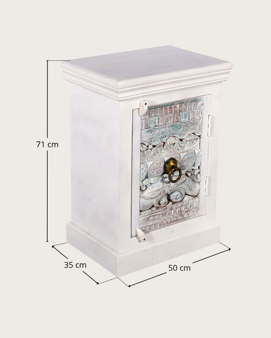Viva - eintüriger Nachttisch aus massivem, geschnitztem Mangoholz