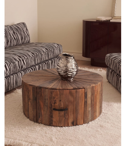 Mandala - Runder Couchtisch aus massivem Mangoholz mit Schublade