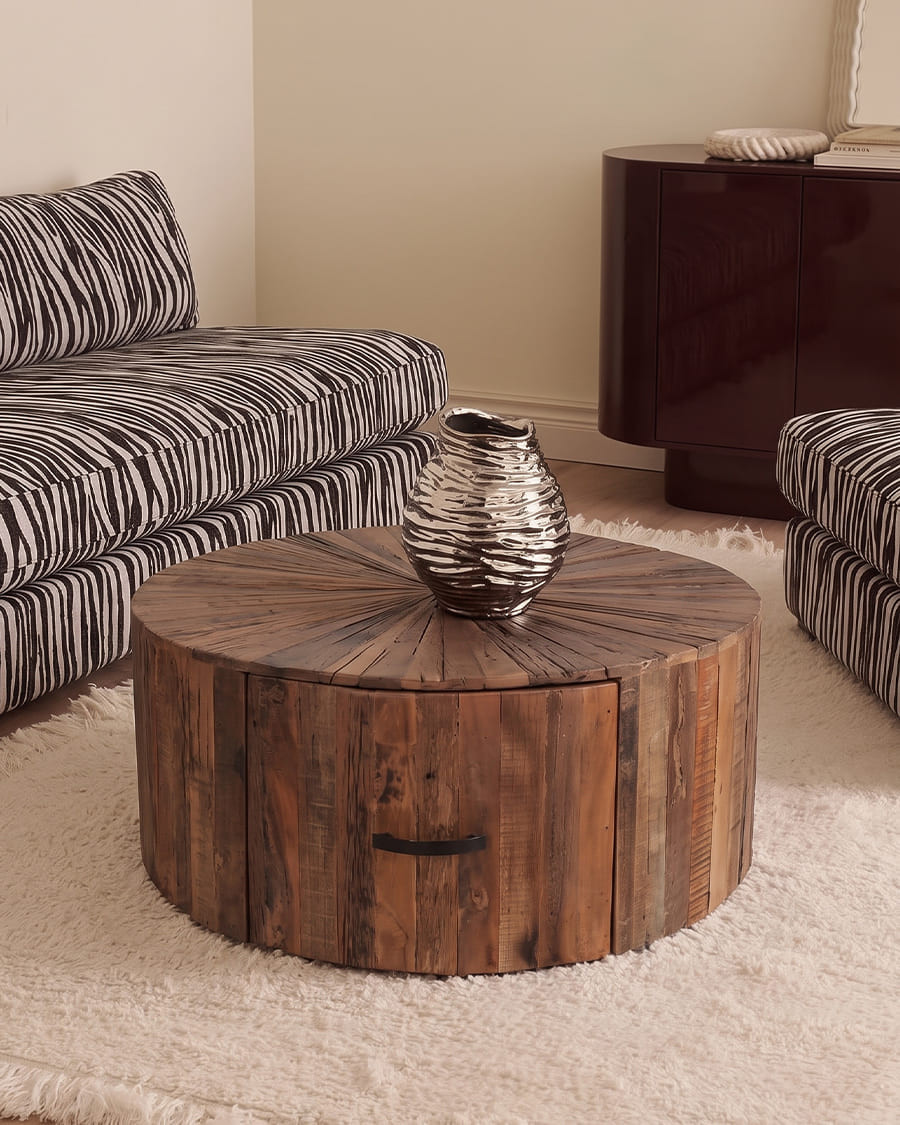 Mandala - Runder Couchtisch aus massivem Mangoholz mit Schublade