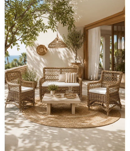 Asana - Salon de jardin en rotin avec 1 banquette et 2 fauteuils