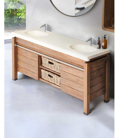 Harmonie - Teak and white terrazzo marble bathroom cabinet 165 cm