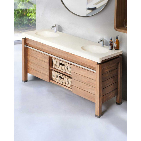 Harmonie - Meuble salle de bain en teck et marbre terrazzo blanc 165 cm