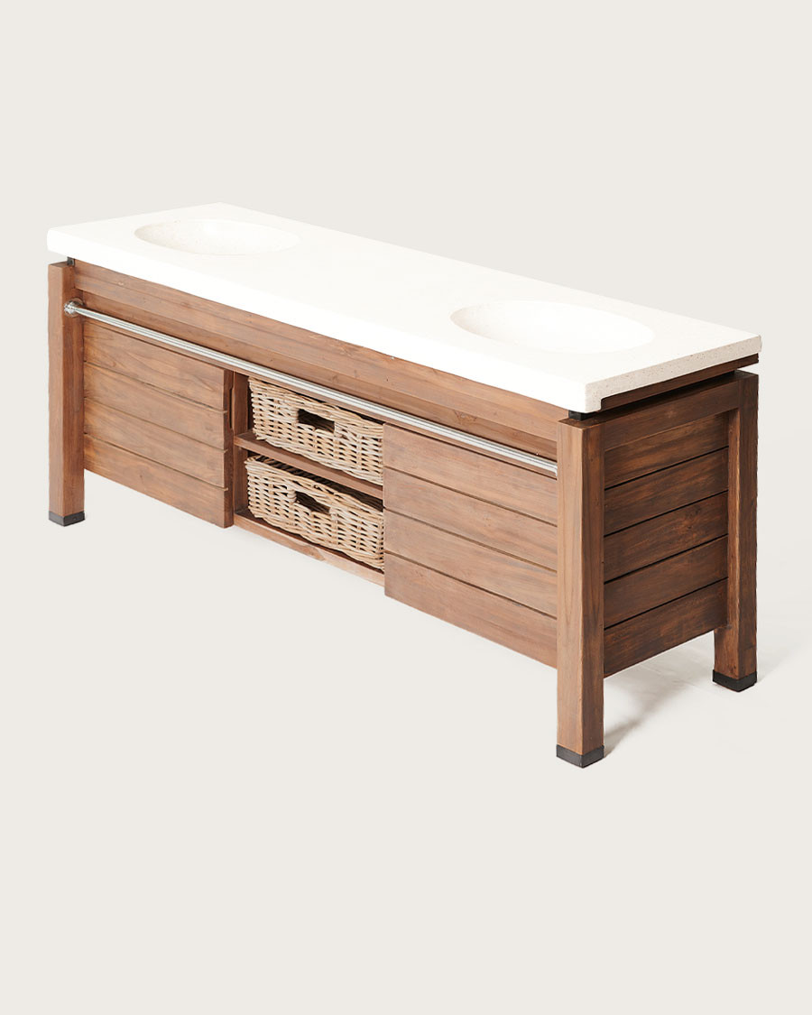 Harmonie - Badezimmerschrank aus Teakholz und weißem Terrazzomarmor 165 cm