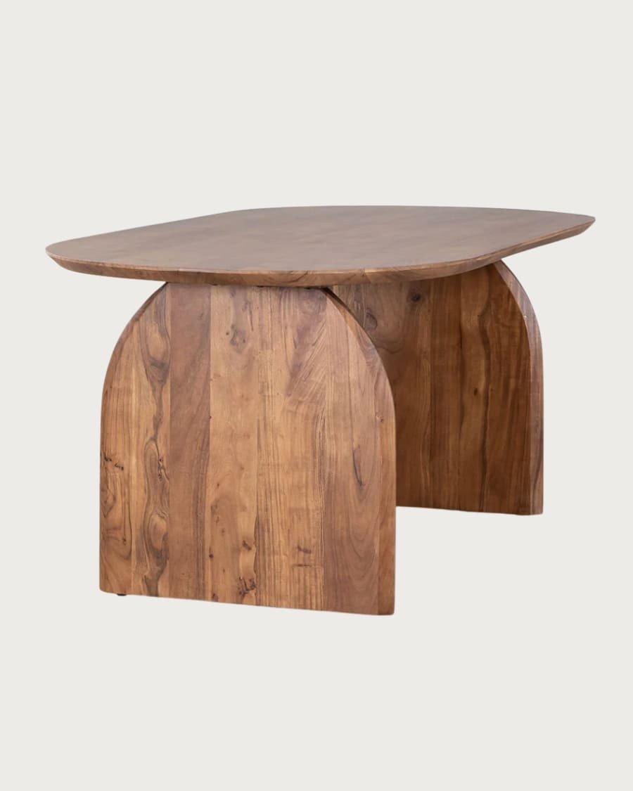 Vega - Mesa de comedor ovalada de madera de acacia, base de diseño curvo y estilo minimalista.