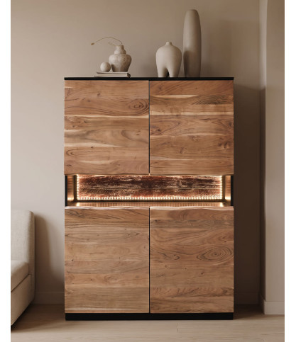 Leo - Buffet haut en bois d’acacia avec éclairage LED