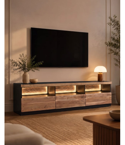 Leo - Meuble TV en bois d’acacia avec éclairage LED