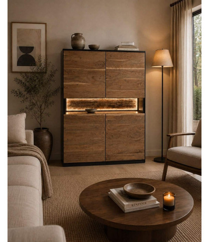 Leo - Buffet haut en bois d’acacia avec éclairage LED