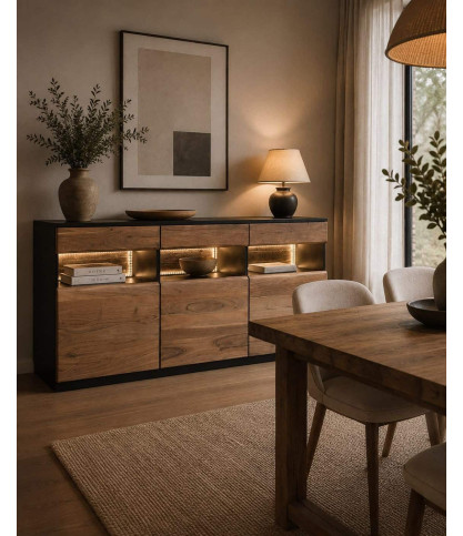 Leo - Credenza bassa in legno di acacia con illuminazione a LED