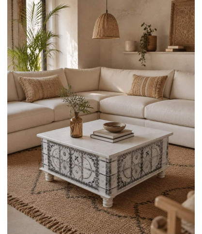 Bharata - Table basse coffre en bois massif de manguier sculpté