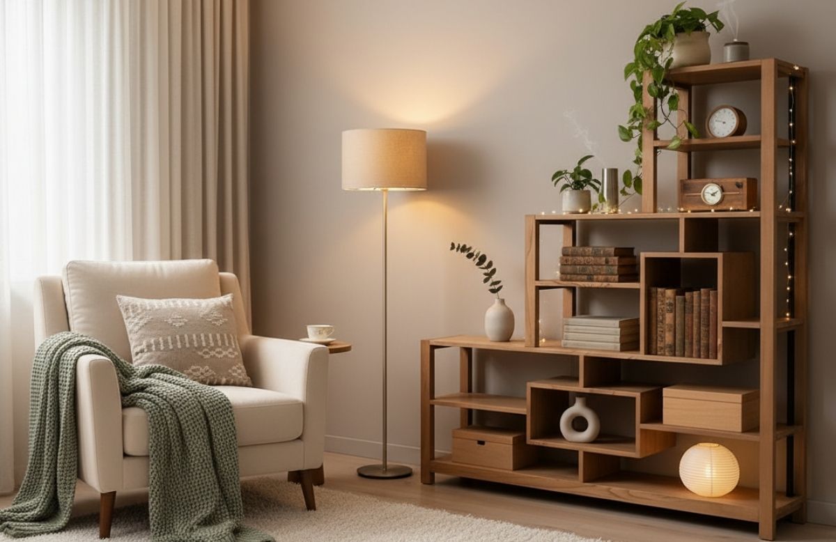 Coin lecture chambre avec bibliothèque