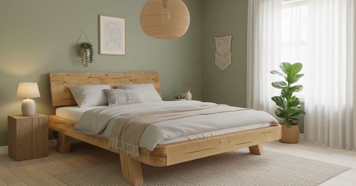 Chambre verte avec lit en bois massif Nalia